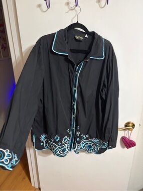 💜 2X Bob Mackie Black Embroidered Button-Front Jacket with Teal Trim
